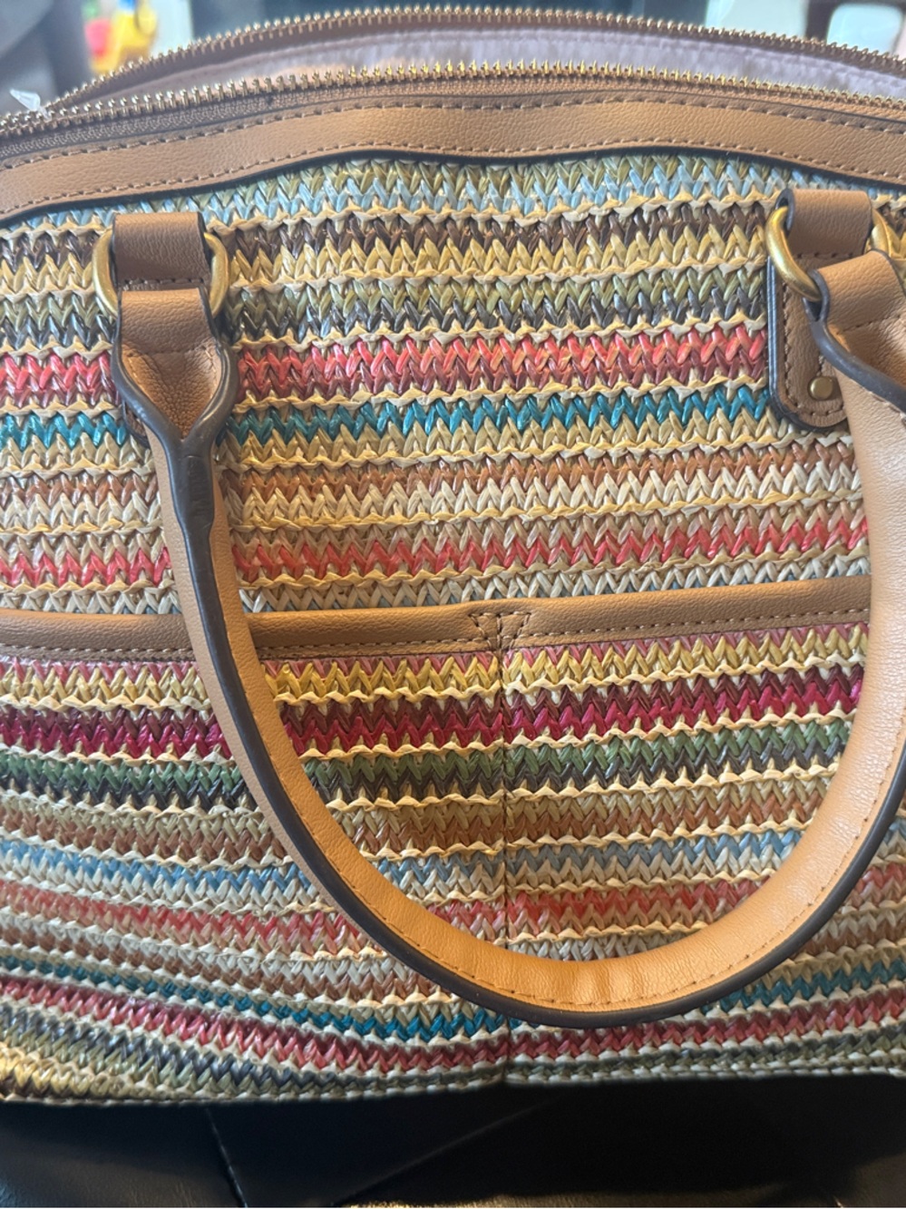 Style & Co. Multicolor Striped Woven Tote with Tan Handles